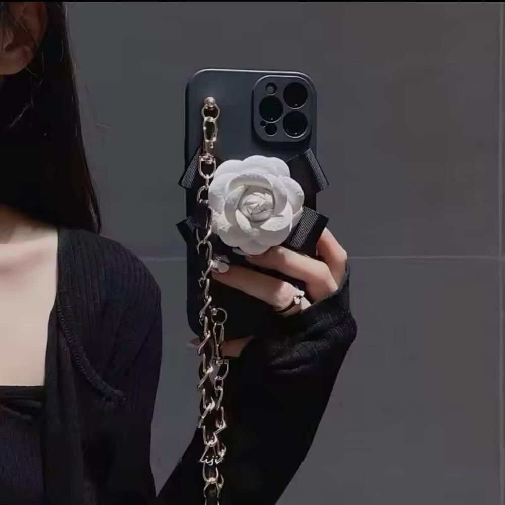 Elegant Chain Strap iPhone Case with White Flower Accent